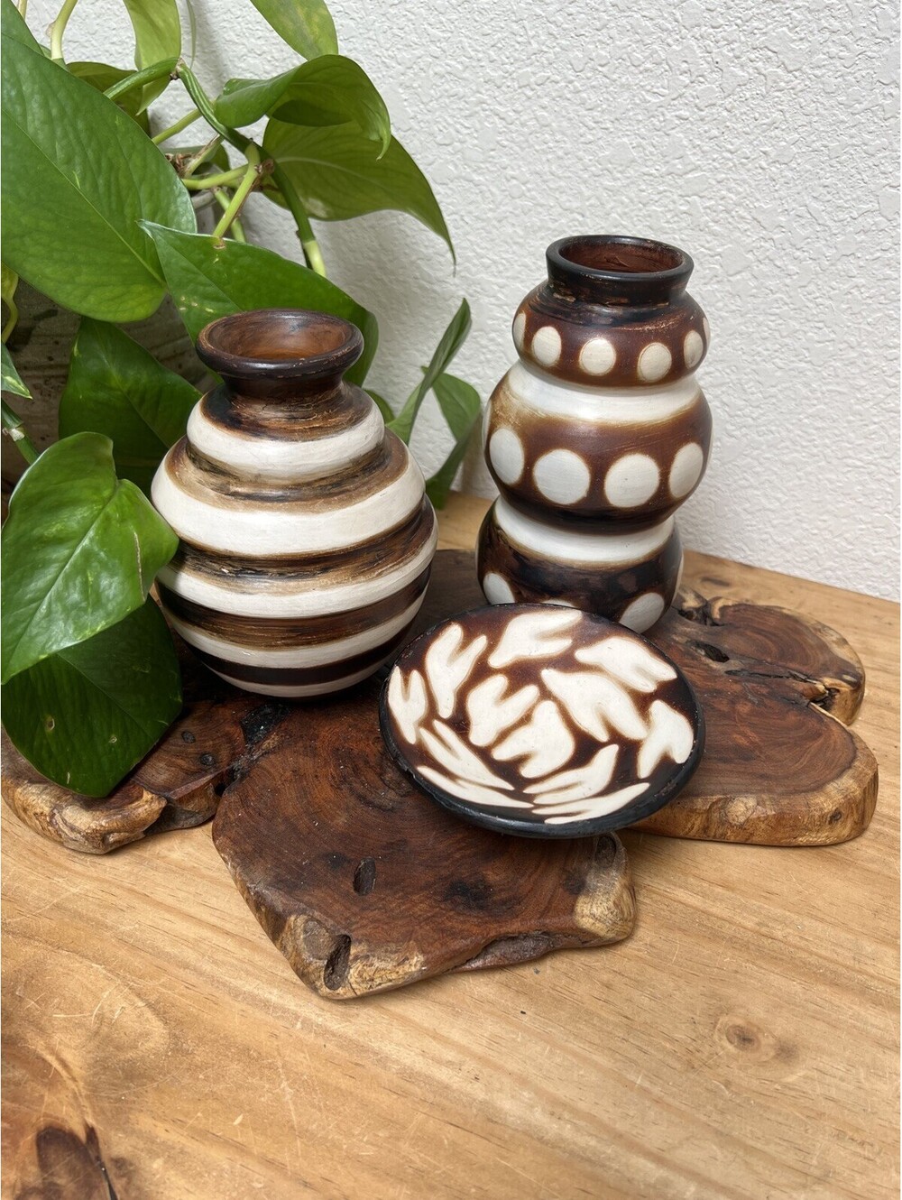 Peruvian Pottery Lot Vase Dish Chulucanas Black White Geometric Striped Set